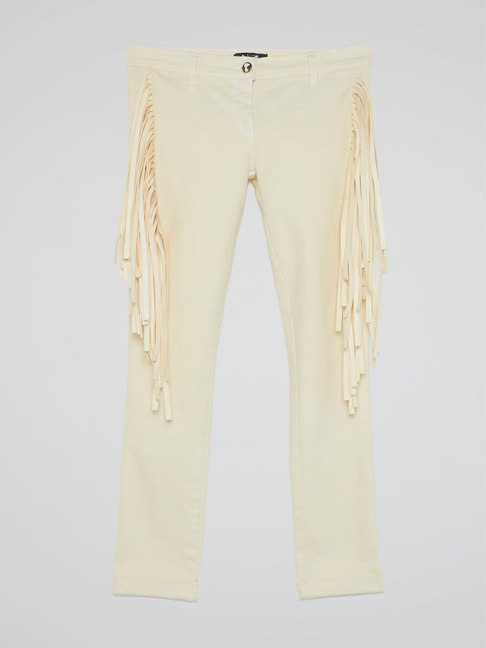 White Fringe-Detail Trousers