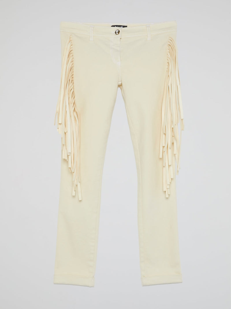 White Fringe-Detail Trousers