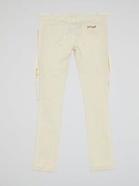 White Fringe-Detail Trousers