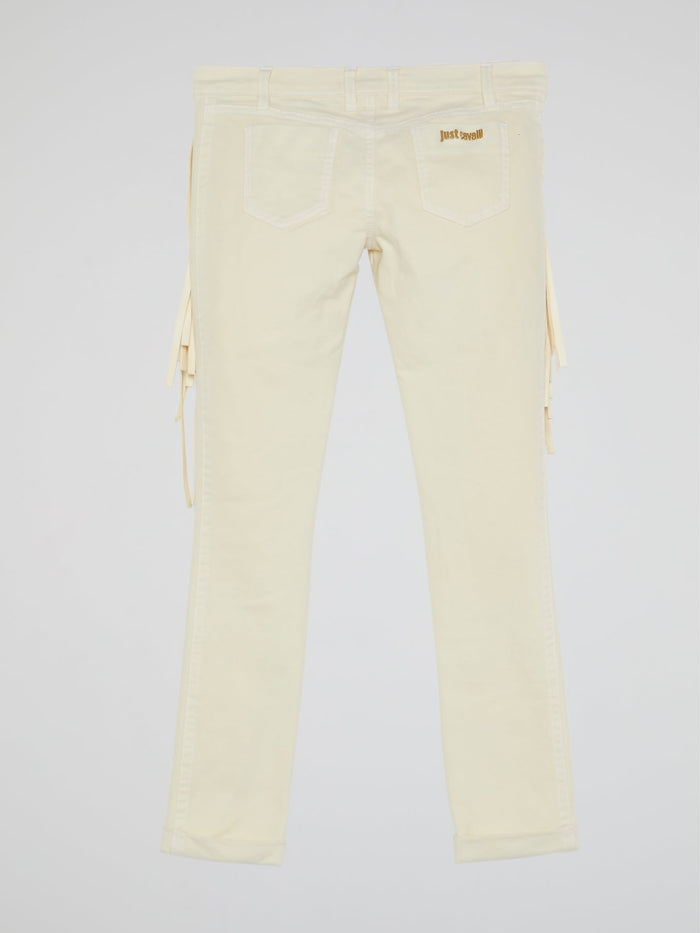 White Fringe-Detail Trousers