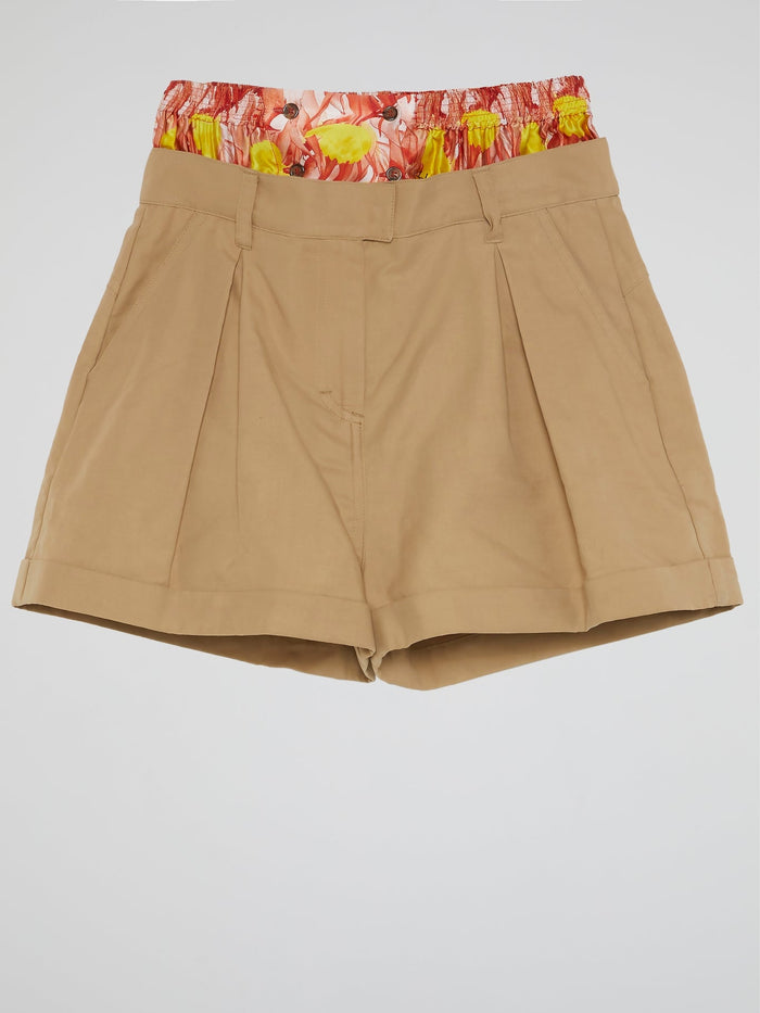 Brown Contrast Waist Shorts