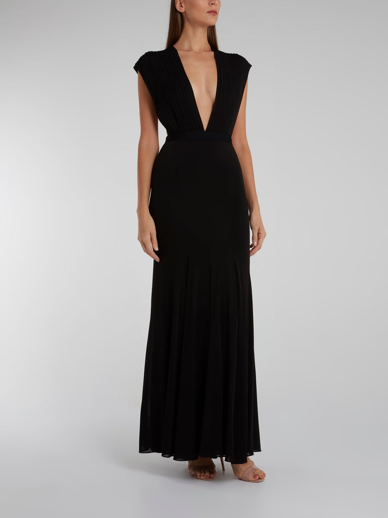 Black Pleated Plunge Maxi Dress