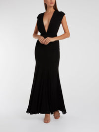 Black Pleated Plunge Maxi Dress