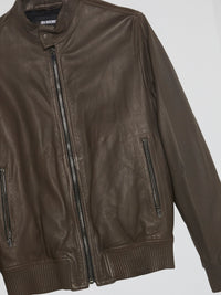 Brown Ribbed Trim Leather Jacket