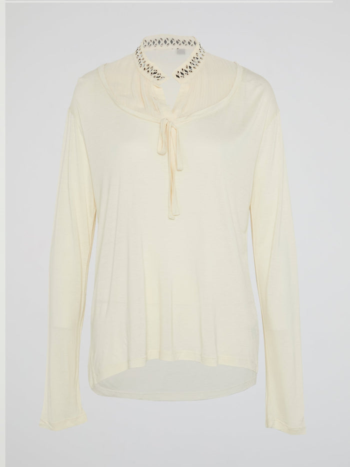 White Studded Collar Long Sleeve Top