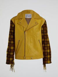 Yellow Plaid Panel Fringe Moto Jacket