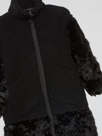 Black Fur-Panel Knitted Trench Coat