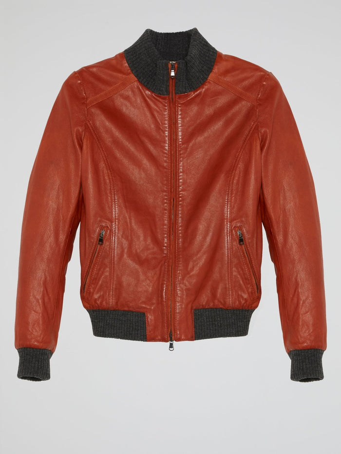 Red Ribbed Trim Leather Jacket