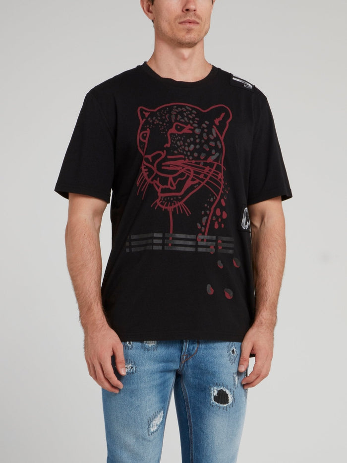 Black Leopard Head Print T-Shirt