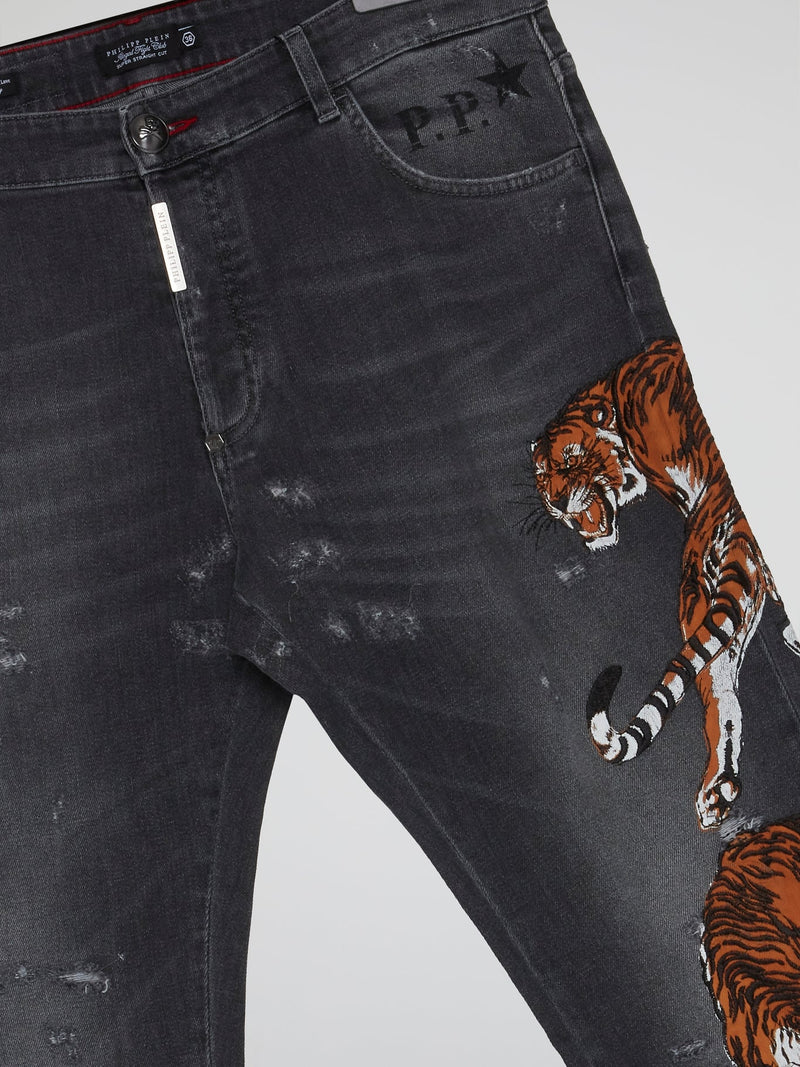 Black Tiger Print Jeans