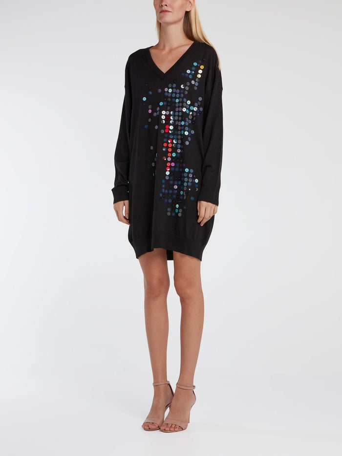 Black Paillette Embellished Sweater Dress