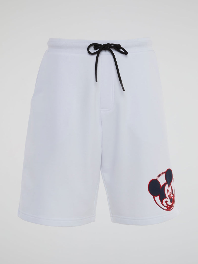 White Mickey Mouse Design Drawstring Shorts