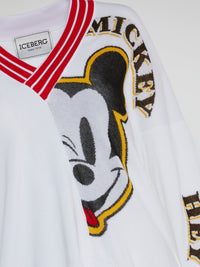Mickey Mouse White V-Neck Knitted Top