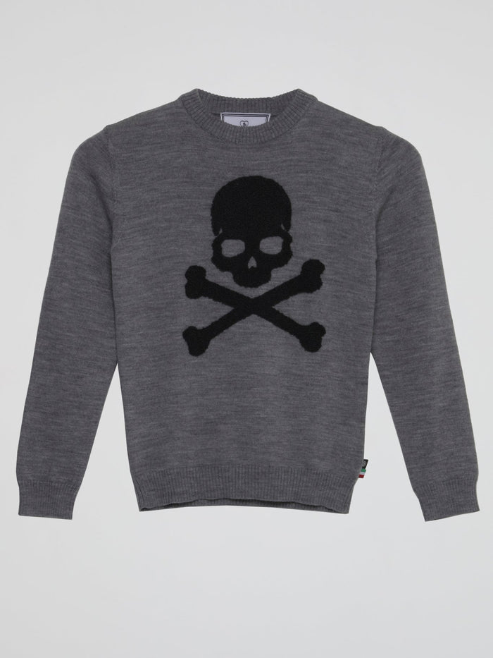 Grey With Embroidered Black Skull Sweatshirt (Kids)