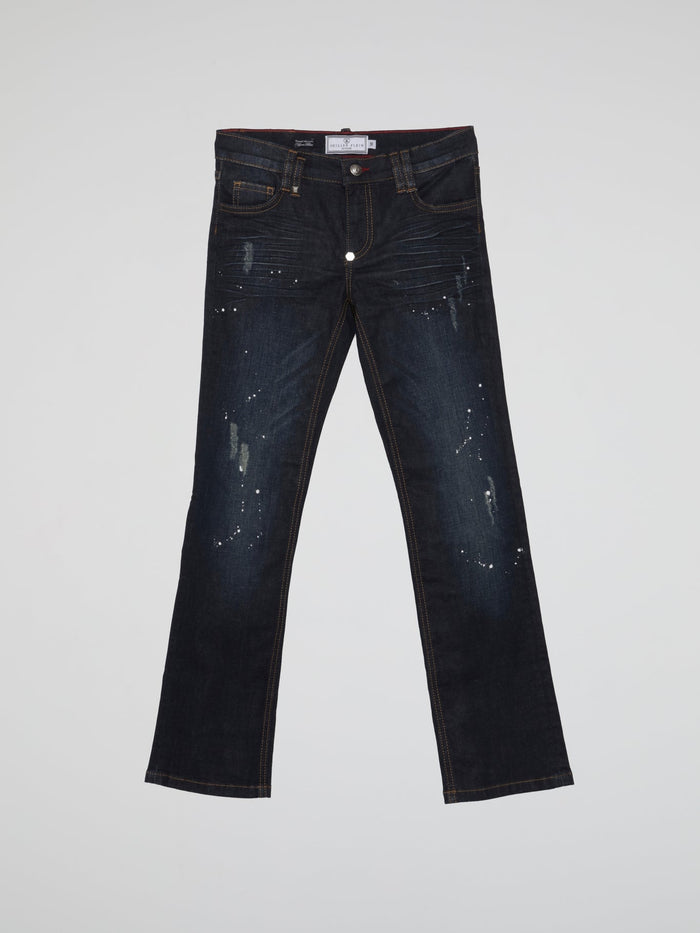 Navy Distressed Straight Cut Denim Jeans (Kids)