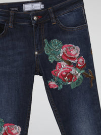 Navy Embroidered Flowers Denim Jeans (Kids)