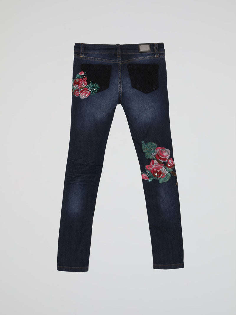 Navy Embroidered Flowers Denim Jeans (Kids)