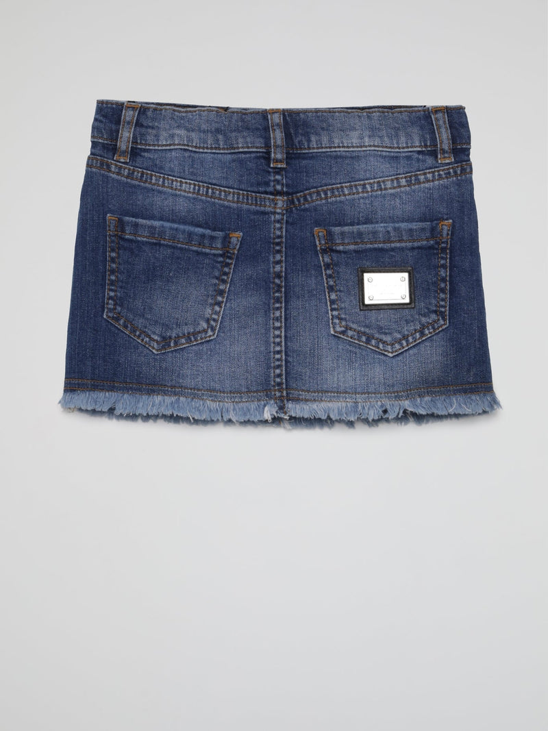 Blue Embroidered Emoji Frayed Denim Skirt (Kids)