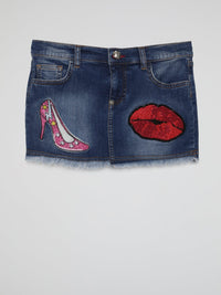 Blue Embroidered Frayed Denim Skirt (Kids)