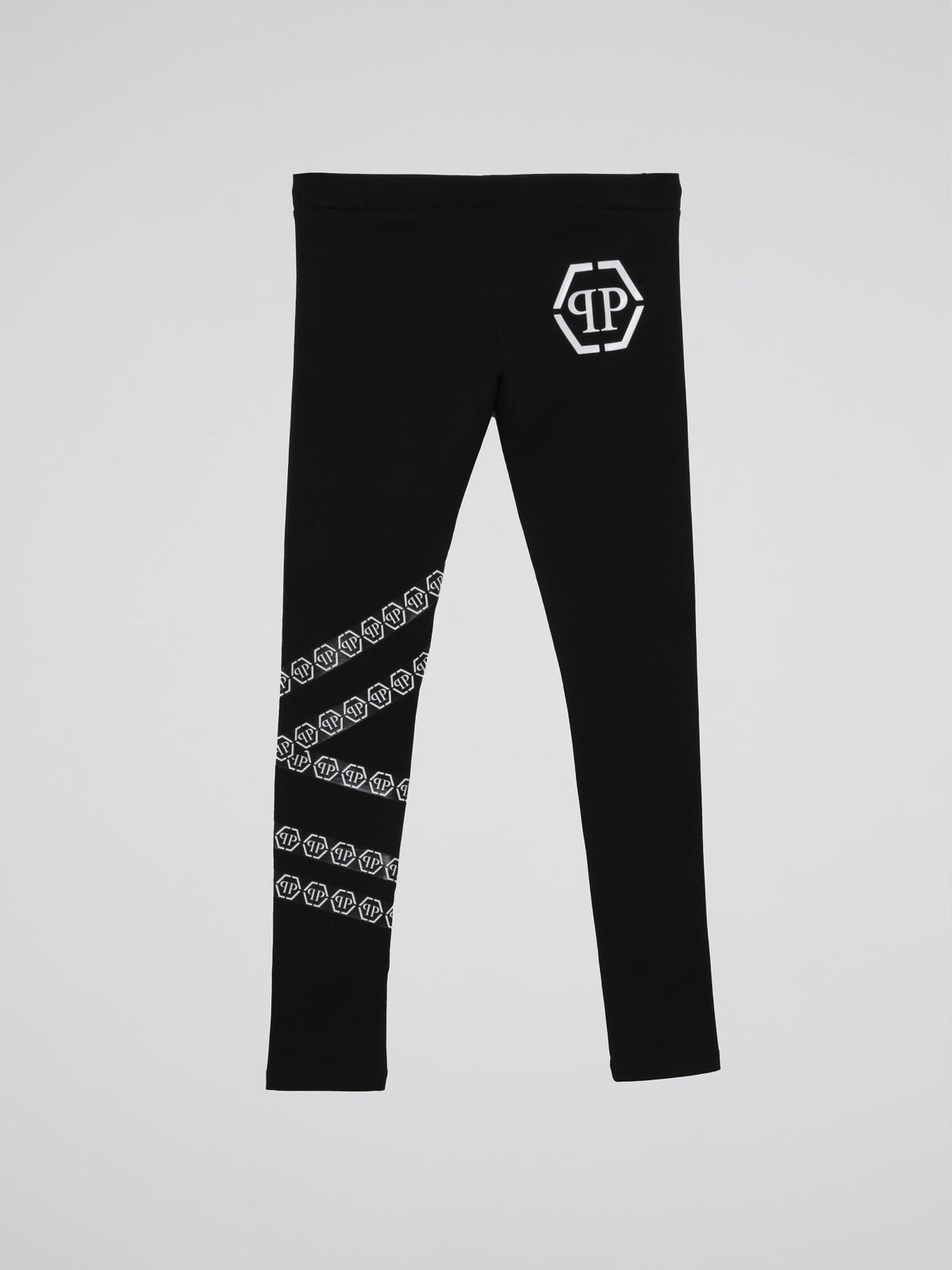 Black Logo Chain Design Sports Leggings (Kids)