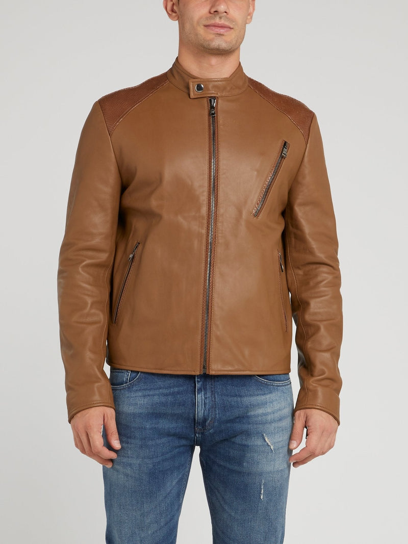 Khaki Leather Moto Jacket