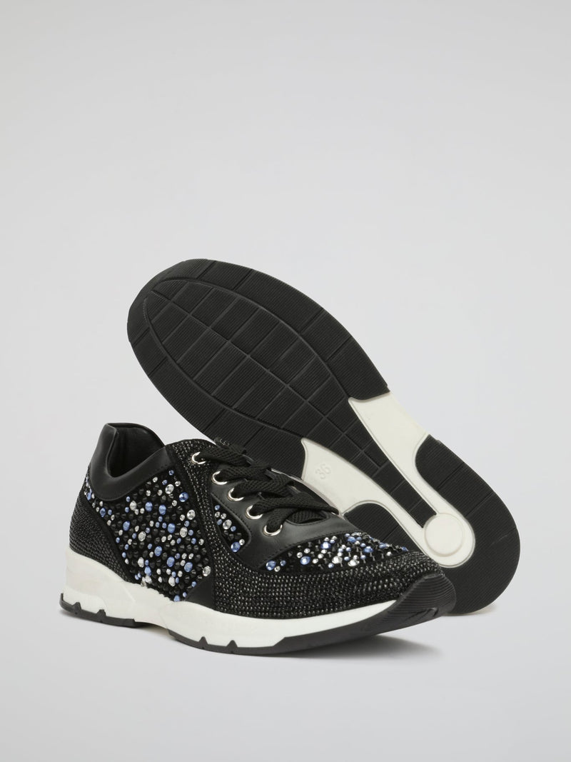 Black Crystal Embellished Lace Up Sneakers (Kids)