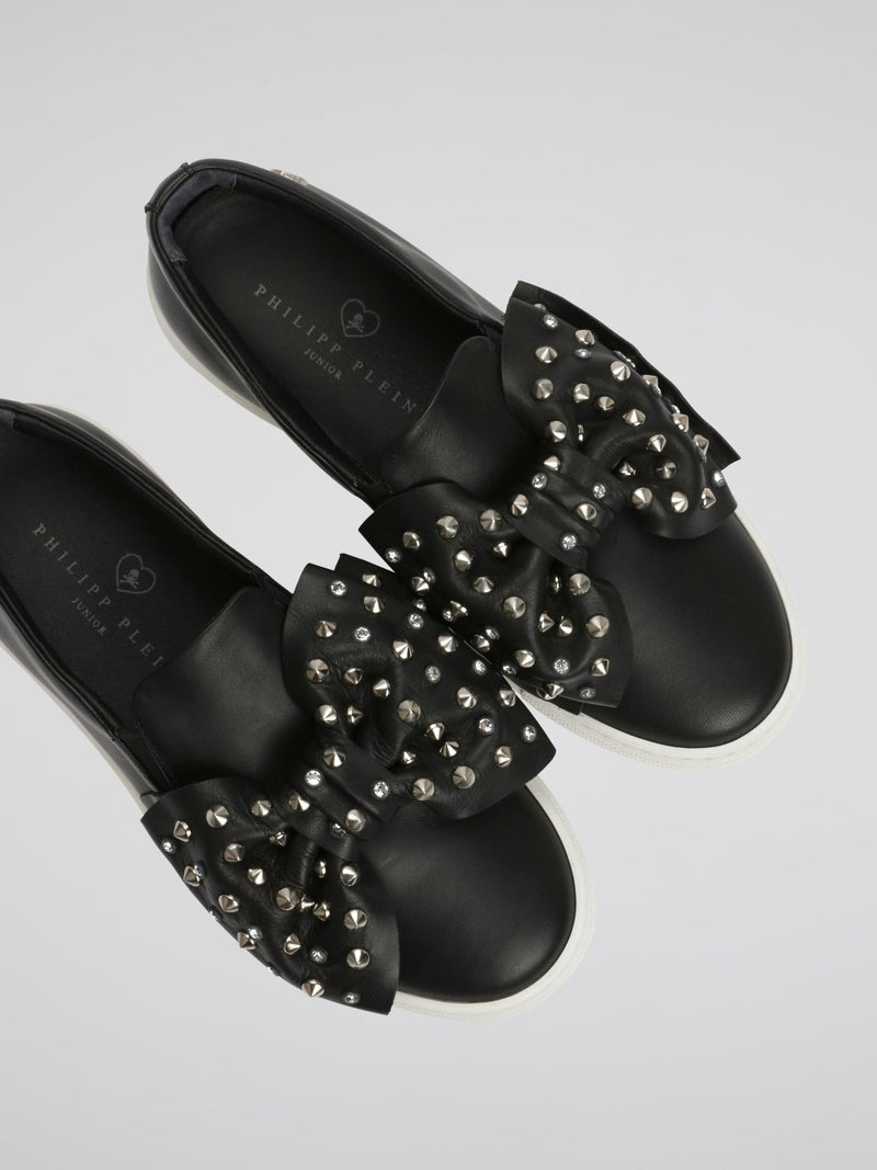 Black Studded Ribbon Detail Sneakers (Kids)